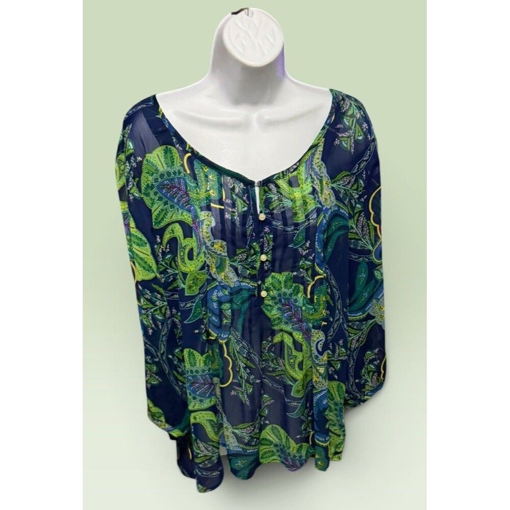 Old Navy Blue Green Semi Sheer Paisley Boho Peasant Blouse XL Bohemian Babydoll